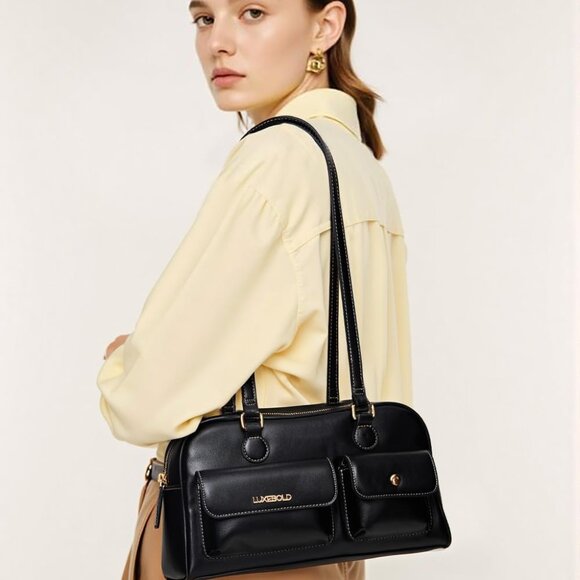 Black Vegan Leather Trendy Shoulder and Clutch Purse with Zip Pockets for Women - Picture 2 of 6